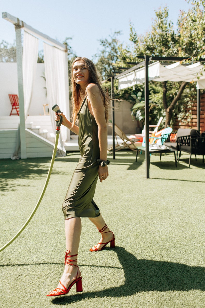 Olive Silk Slip Dress Cowl Neck Silk slip midi dress Bias Cut image 6