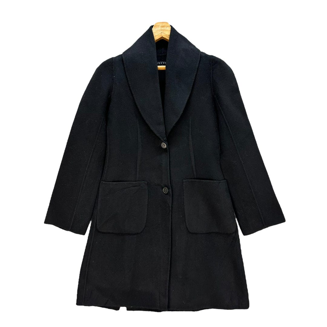 Y2k Theory Rabbit Wool Collar Black Wool Nylon Women Overcoat Size