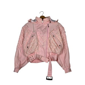 Vintage COURREGES Paris Sport Futur Fur Hoodie Pink Belted Crop Jacket Women&#39;s Size 9 Japanese Brand Casual Outfits Fall Autumn #1230-C56