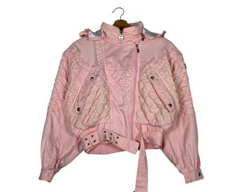 Vintage COURREGES Paris Sport Futur Fur Hoodie Pink Belted Crop Jacket Women's Size 9 Japanese Brand Casual Outfits Fall Autumn #1230-C56
