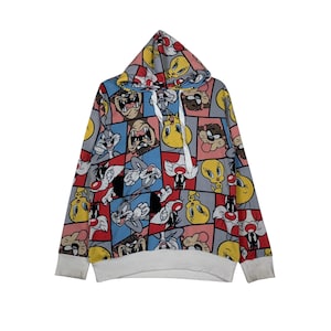 Warner Bros LOONEY TUNES Character Fullprint Over Print Pullover Hoodies Sweatshirt Men's Size M Cartoon Graphic Hoodie #1348-C61