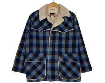 May include: A blue and brown plaid jacket with a shearling collar and two large pockets. The jacket has a button closure.