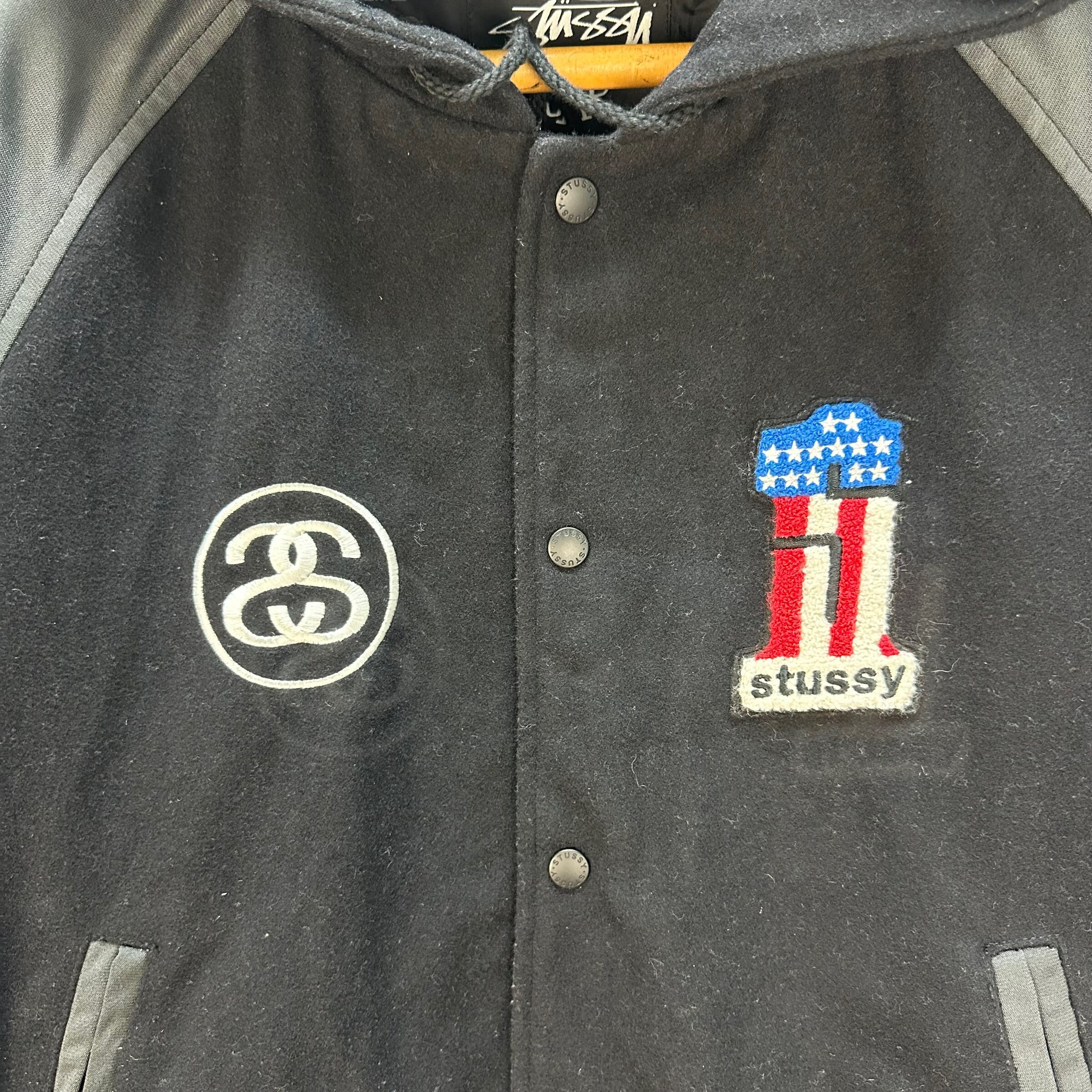 Vintage STUSSY WORLDWIDE INC Embroidery Big Logo Hooded Varsity