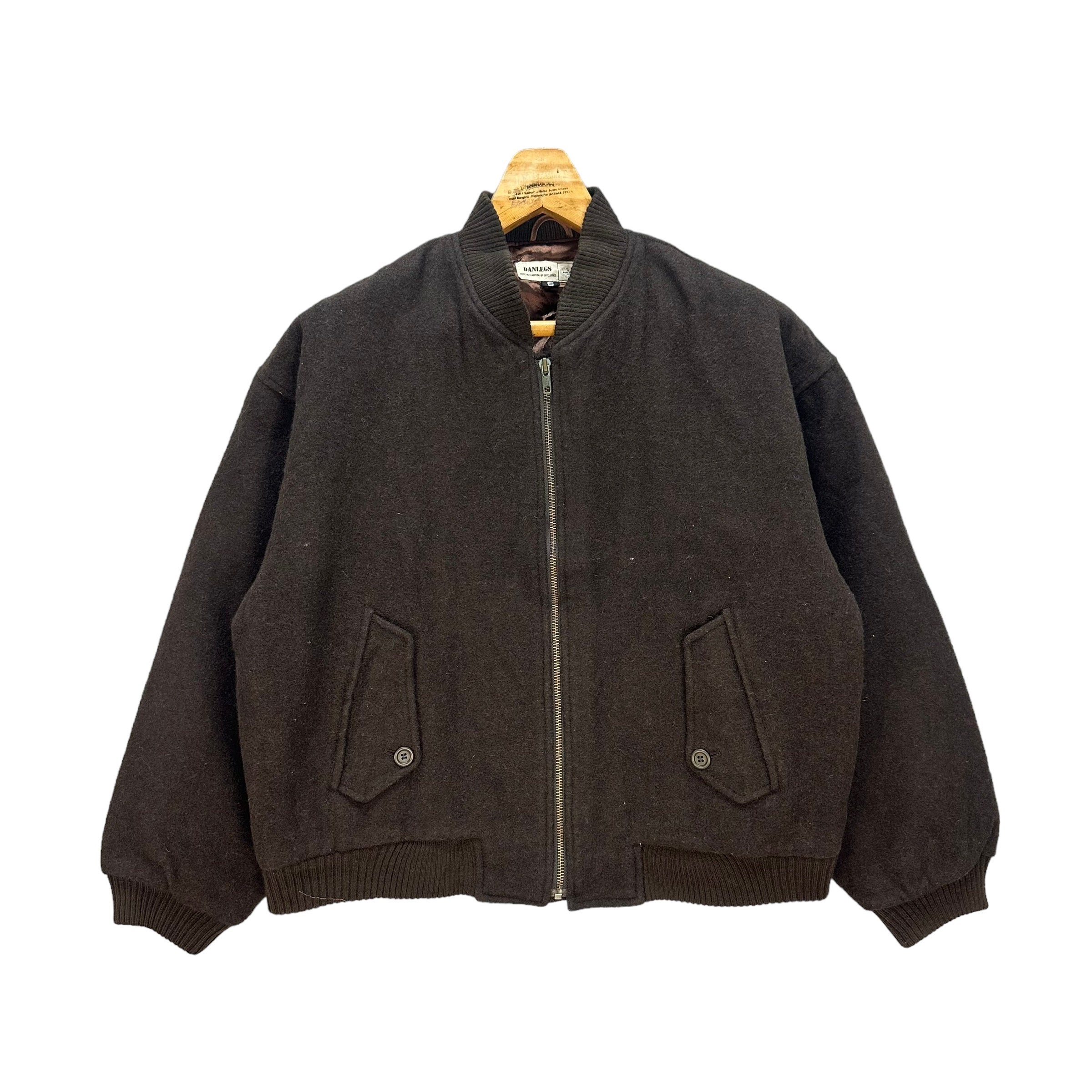 Vintage DANLEGS Embroidery Big Logo Brown Wool Bomber Jacket Size