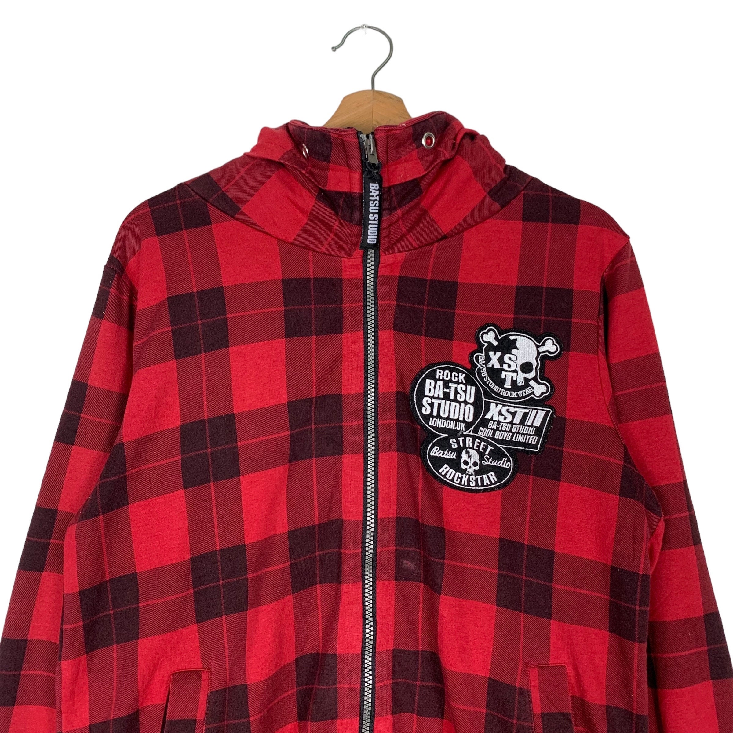【関送込み】Retro Plaid Hooded Jacket/ユニセックス/N230009-1 Vintage BATSU STUDIO Big Logo Tartan Checked Tartan Zipper