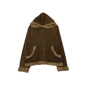 May include: A brown corduroy hooded jacket with a zip-up front and two front pockets. The hood, cuffs, and pocket edges are trimmed with a lighter brown faux fur. The jacket is a medium weight and appears to be vintage.