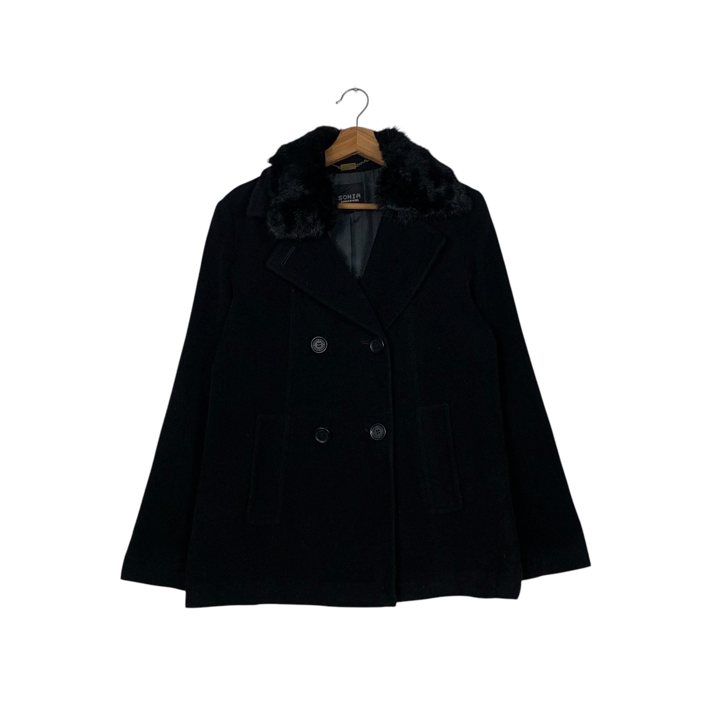 SONIA RYKIEL Double Breast Wool Coat Fur Neck Women's Size 40