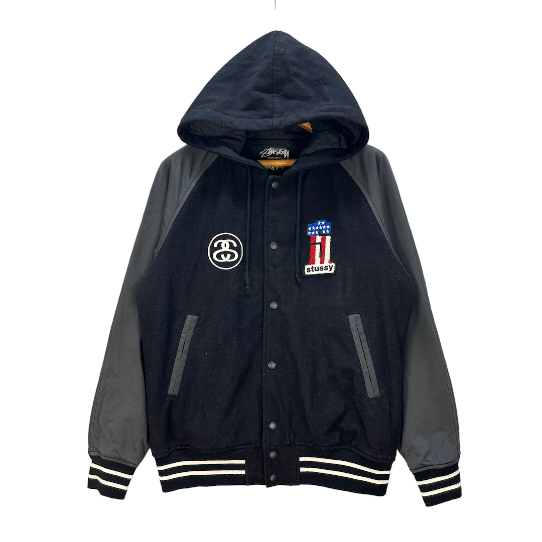 激レア！1990’s OLD STUSSY “STOCK LOGO”JACKET Vintage STUSSY WORLDWIDE INC Embroidery Big Logo Hooded Varsity