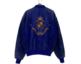 Giubbotto bomber blu vintage anni '90 con ricamo PORCHE DESIGN e grande logo, taglia L #2516-C114