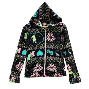 May include: Black fleece zip-up hoodie with a pink, green, and yellow Hello Kitty pattern. The hoodie has a hood with a drawstring and a zipper closure.