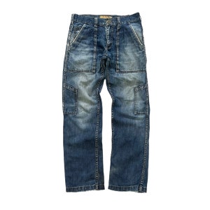 May include: Blue denim cargo pants with multiple pockets and a faded look.