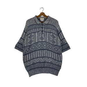 Vintage STOCK RANGE Abstract Design Knitted Polo Short Sleeve Collared Jumper Sweater Men&#39;s Size L Pullover Knitwear #1186-C54