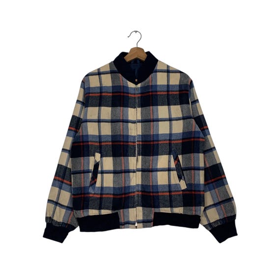 Vintage Plaid Wool Bomber Jacket Blue Lined With Multicolor