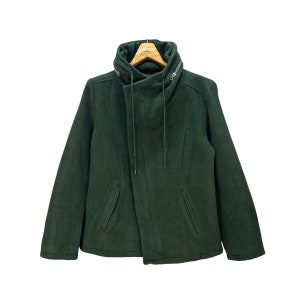 Vintage Tornado Mart Very Rare Design Asymmetrical Double Zip Hooded Green Wool Jacket Size LL Japan Designer Avant Garde Jacket #8330-004
