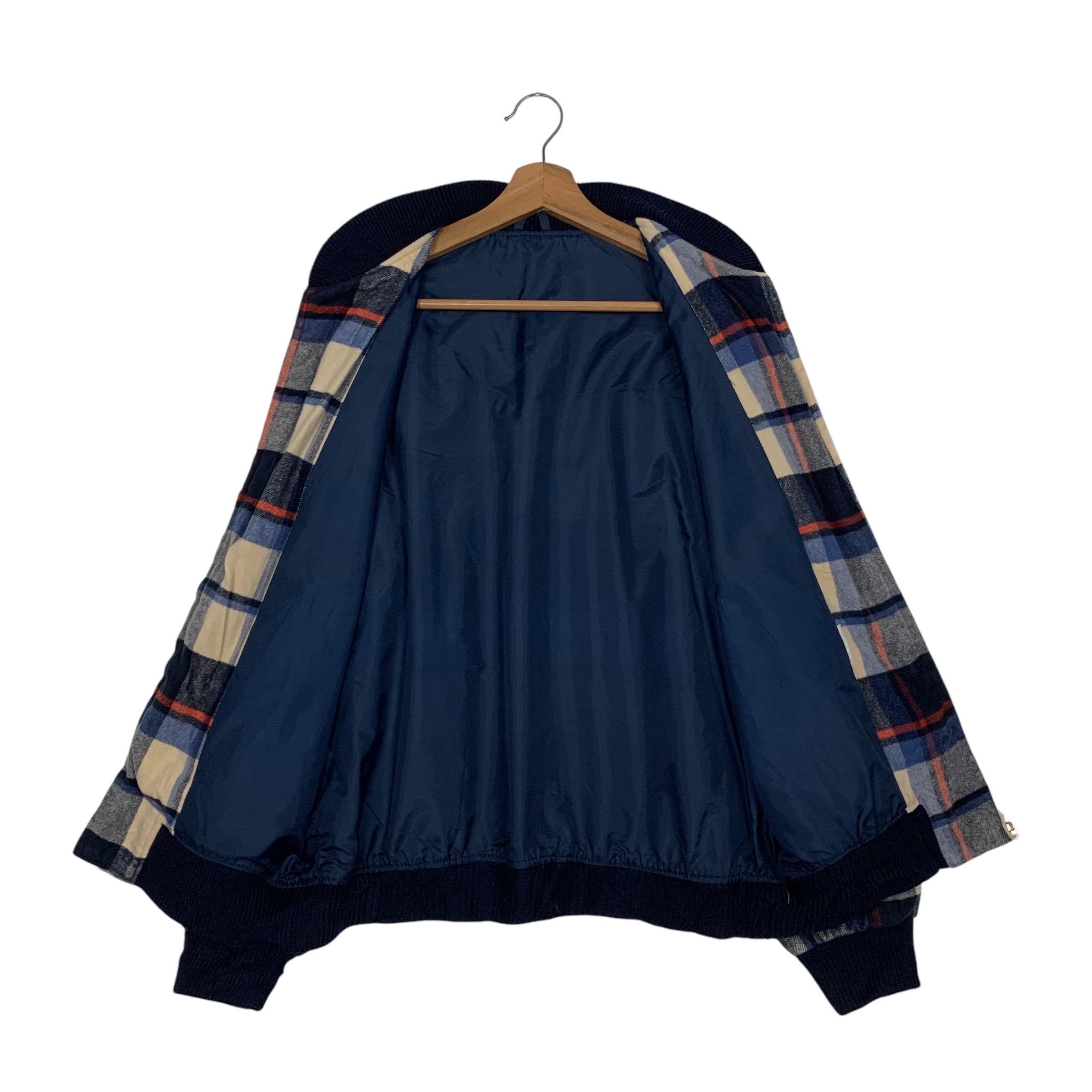 Vintage Plaid Wool Bomber Jacket Blue Lined With Multicolor