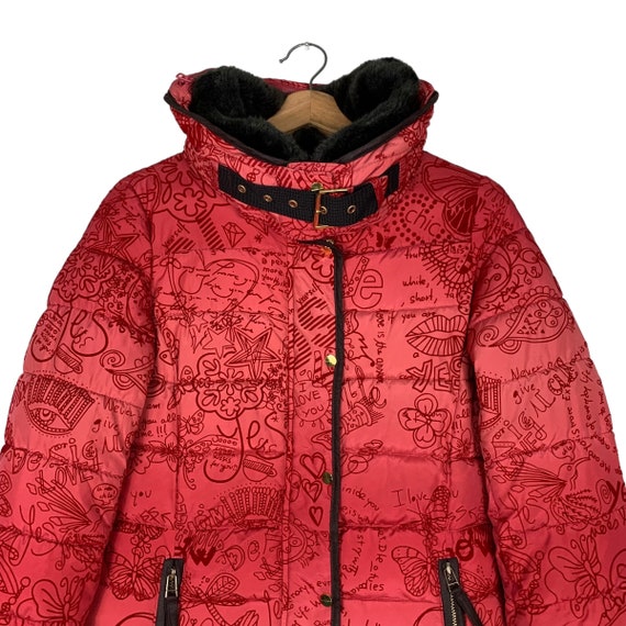 DESIGUAL Fullprint Red Puffer Overcoat Jacket Size EUR 36