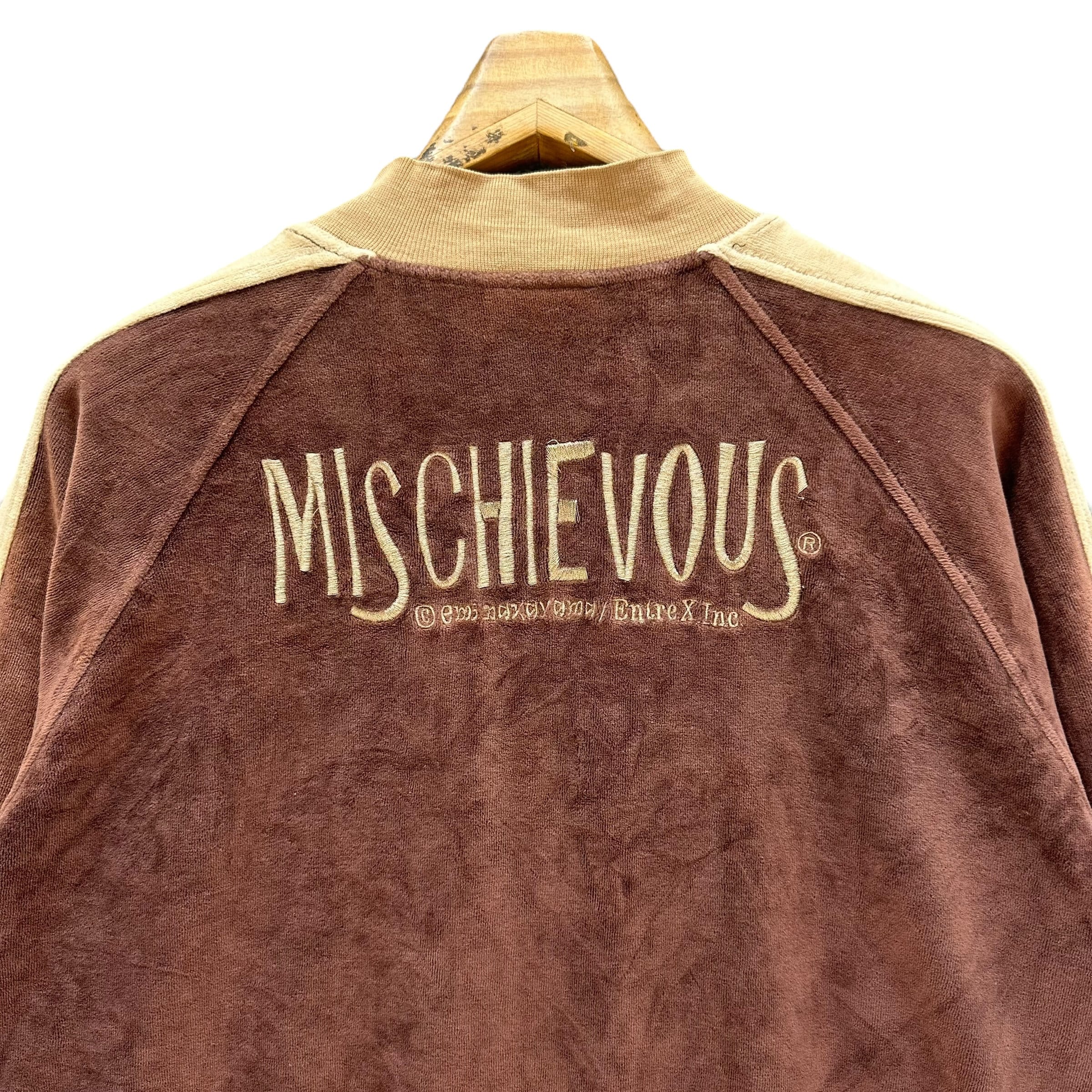 Vintage MISCHIEVOUS Embroidery Big Logo Velvet Bomber Jacket