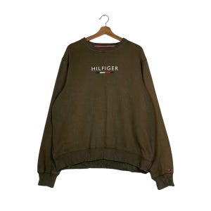 TOMMY HILFIGER Big Logo Olive Sweatshirt Men&#39;s Size L Crewneck Sweatshirt Tommy Hilfiger Center Logo #1467-C66