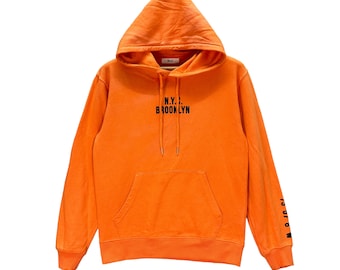 Vintage WEGO NYC BROOKLYN Center Logo East Coast Sleeve Logo Pullover Orange Hoodies Sweatshirts Size S #9096-56