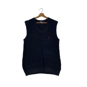 Vintage POLO RALPH LAUREN Embroidery Small Pony Logo V Neck Knitted Vest Size L Sleeveless Sweater Navy Blue #1191-C54