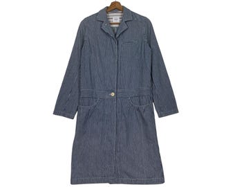 Vintage POU DOU DOU Hickory Striped Long Coat Women's Size M Japanese Brand Work Worker Workwear Overcoat Blue Stiped #2327-C104