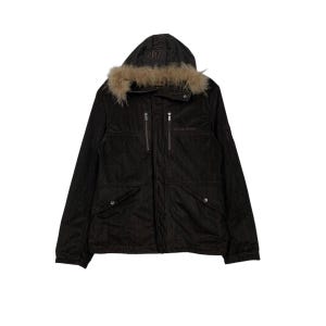 May include: A dark brown hooded jacket with a faux fur trim around the hood. The jacket has a zipper closure, two chest pockets, and two lower pockets. The jacket has the text "OUTDOOR ADVENTURE" on the chest.