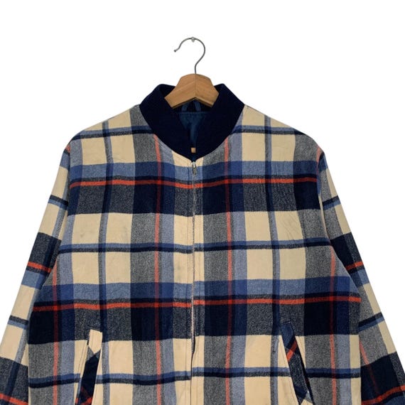 Vintage Plaid Wool Bomber Jacket Blue Lined With Multicolor