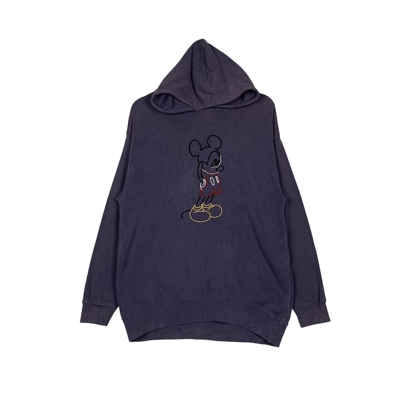 May include: A dark purple hooded sweatshirt with a Mickey Mouse graphic embroidered on the front. The graphic is in black, red, and yellow.