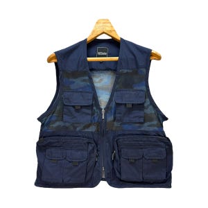 Vintage japanische Marke FULL EMOTION Blau Camo Nutzen Mesh Weste Herren Größe M Taktische Weste Outdoor Weste Multipocket Jagdweste # A3-0073