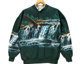 Vintage ART UNLIMITED IRWIN Made in Usa Eagle Nature Overprint Graphic Sweatshirt Pullover Sweater Half Button Size L #A3-0064