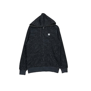May include: A black and gray zip-up hoodie with a geometric pattern. The hoodie features a hood, a front zipper, and a small white logo on the chest. The cuffs and hem are solid gray.
