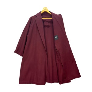 Vintage Y&#39;s Made in Japan YOHJI YAMAMOTO Button Less Wool Maroon Overcoat Free Size Archival Clothing Avant Garde Long Coat #8393-007
