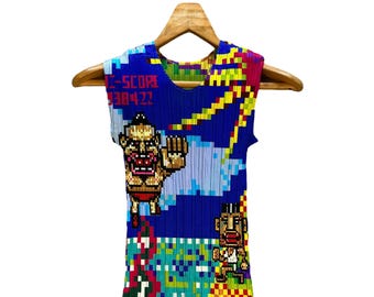 VERY RARE Y2k Vintage Issey Miyake Pleats Please Made in Japan Digital Game Graphic Overprint Tops Size 3 Fullprint Tops #A32-0730