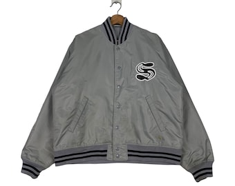 Chaqueta vintage HILLCROP gris estilo estadio, talla M, estilo universitario, chaqueta de entrenador, chaqueta bomber #0921-C41