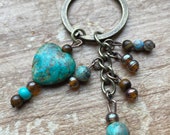 Gemstone Heart Key Chain Valentines Day, 18mm Chrysocolla Stone, Hand Crafted, Tigers Eye, Sea Sediment Jasper, Czech Glass, Brass