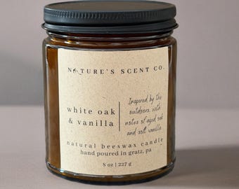 White Oak Vanilla Beeswax Candle – Oak, Leather, Vanilla | Hand-Poured in Amber Jar with Wood Wick
