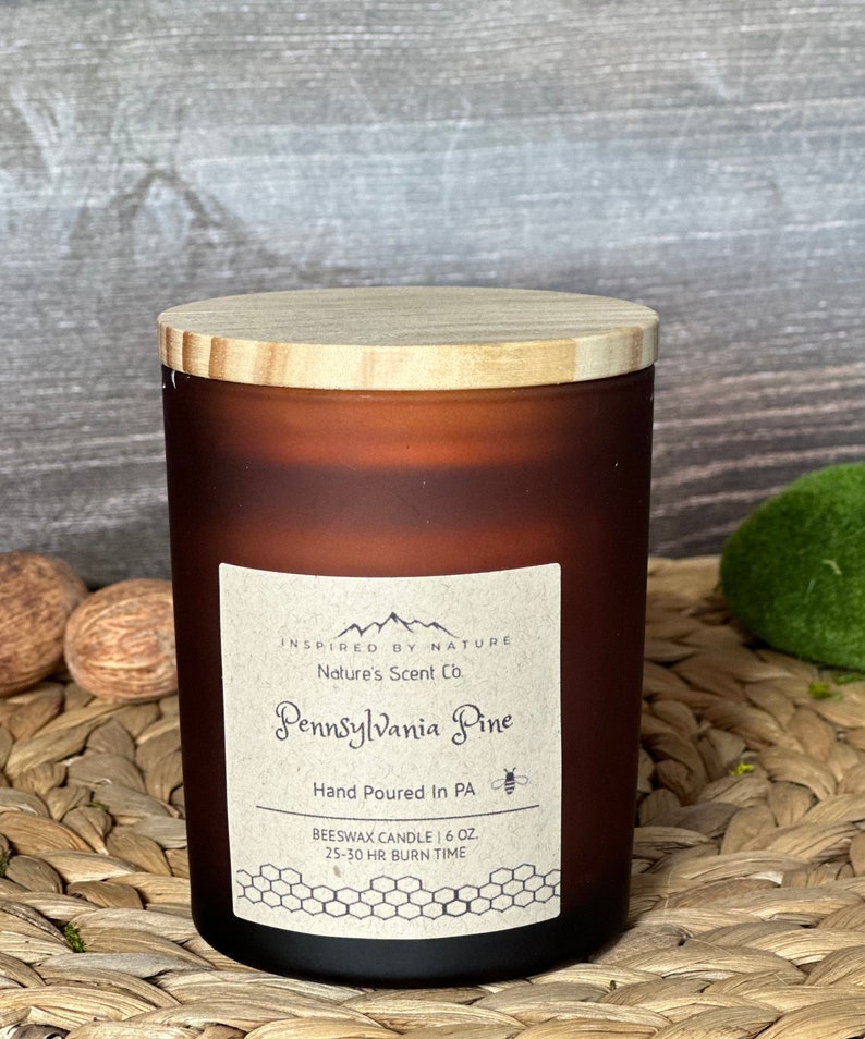 Pennsylvania Pine Beeswax Candle 100 Pure Beeswax Essential Oils Wood Wick Handmade by Nature's