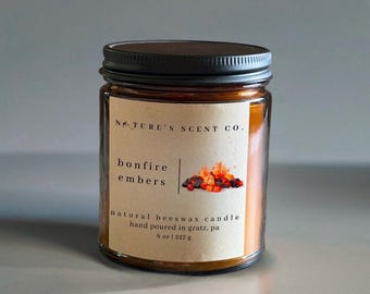 Bonfire Embers Beeswax Candle, 100% Pure Organic Beeswax, All Natural, Non-Toxic,  Air Purifying, Fall Candle