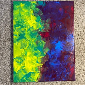 May include: Abstract painting on canvas with a vibrant yellow, green, blue, and red color scheme. The colors are blended together in a swirling pattern, creating a dynamic and energetic composition.