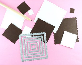 Scalloped Labels Cutting Dies - 5 Piece Nesting Metal Dies - Squares Cutting Die - Metal Crafting Die Set - Square Scalloped Label T09