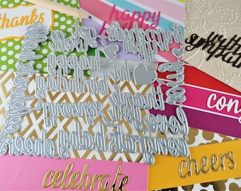 Words Cutting Dies - 16 Piece Metal Crafting Die - Card Making - Sentiments - Happy Birthday - Thanks - With Sympathy - Hello - Congrats L01