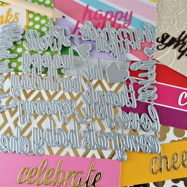 Words Cutting Dies - 16 Piece Metal Crafting Die - Card Making - Sentiments - Happy Birthday - Thanks - With Sympathy - Hello - Congrats L01