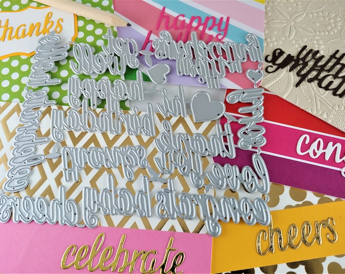 Words Cutting Dies - 16 Piece Metal Crafting Die - Card Making - Sentiments - Happy Birthday - Thanks - With Sympathy - Hello - Congrats L01