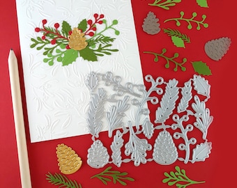Christmas Greens Cutting Dies - Christmas Metal Dies - Holiday Die Cuts - Holly Leaves - Mistletoe Craft Dies - Pine branch Dies C18