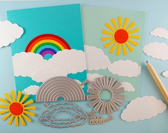 Weather Cutting Dies - 6 Piece Set Metal Crafting Dies - Card Making - Scrapbooking - Sun - Rainbow - Clouds - Water Drops M18