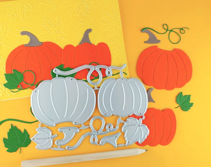 Big Pumpkins Cutting Dies - Fall Crafting Dies - Thanksgiving Die Cuts - Halloween Crafts - Pumpkin With Leaves - Fall Metal Dies F05