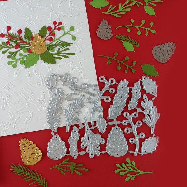 NEW!! Christmas Greens Metal Cutting Dies - Christmas Dies - Holiday Die Cuts - Holly Leaves - Mistletoe Craft Dies - Pine branch Dies C18