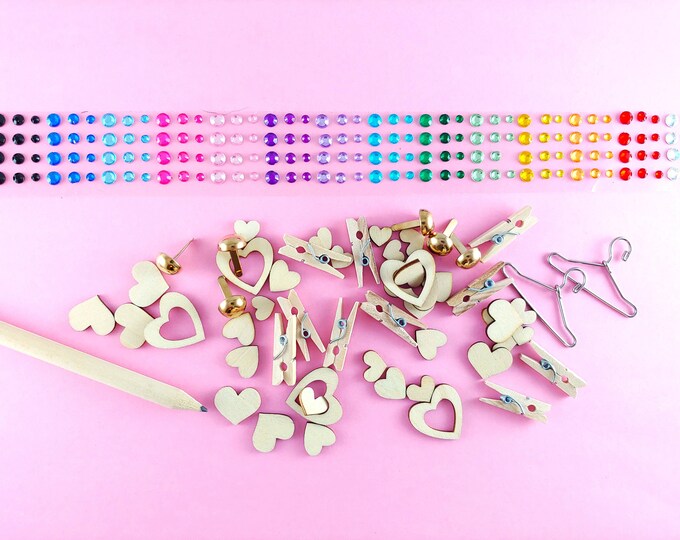 Embellishments - Card Making - Scrapbooking - Card Decorations - Rhinestones - Metal hanger - Wood Clothespin - Wood Hearts - Gold Brads G01