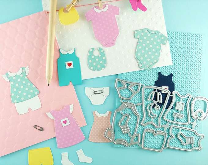 Baby and Kids Clothing Cutting Dies - 15 Piece Metal Crafting Dies for Card Making - Baby Clothesline - Baby Dress - Bib - Baby Outfits Y01