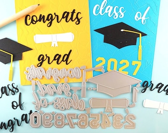 Graduation Cutting Dies - 17 Piece Metal Crafting Dies - Card Making - Congrats Grad Sentiments - Class of  - Graduation Cap - Diploma M17